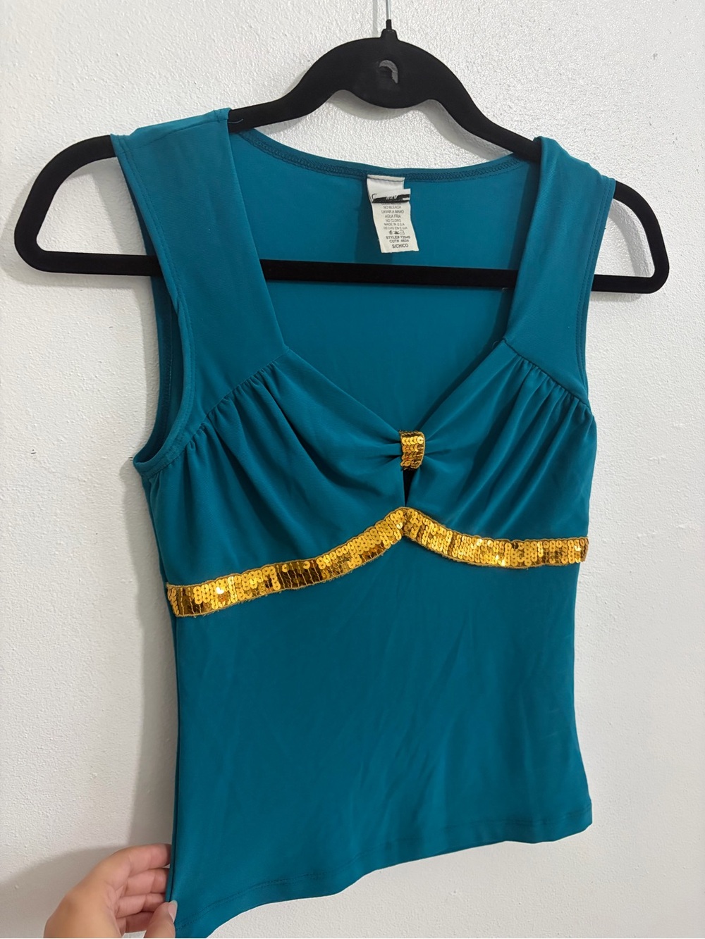 Carolina USA Y2K Teal Top with Gold Sequin Band